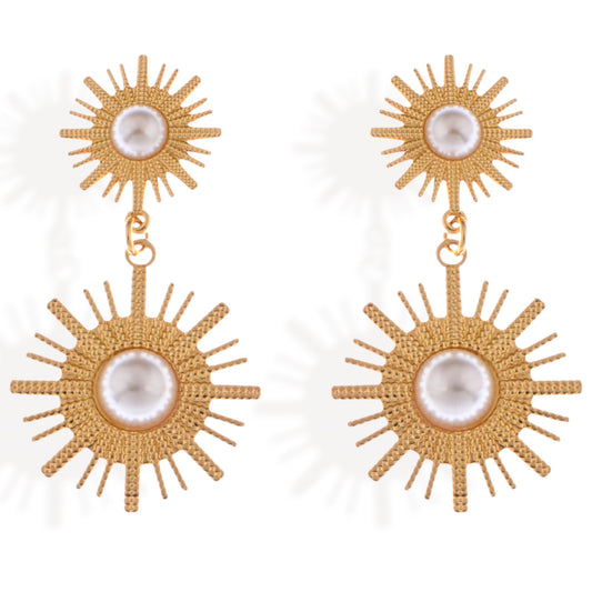 Alilang Women's Gold Tone Sunburst Dangle Earrings with Pearl Accents