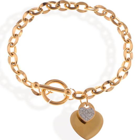 Alilang Gold Tone Chain Bracelet with Double Heart Charms and Toggle Clasp