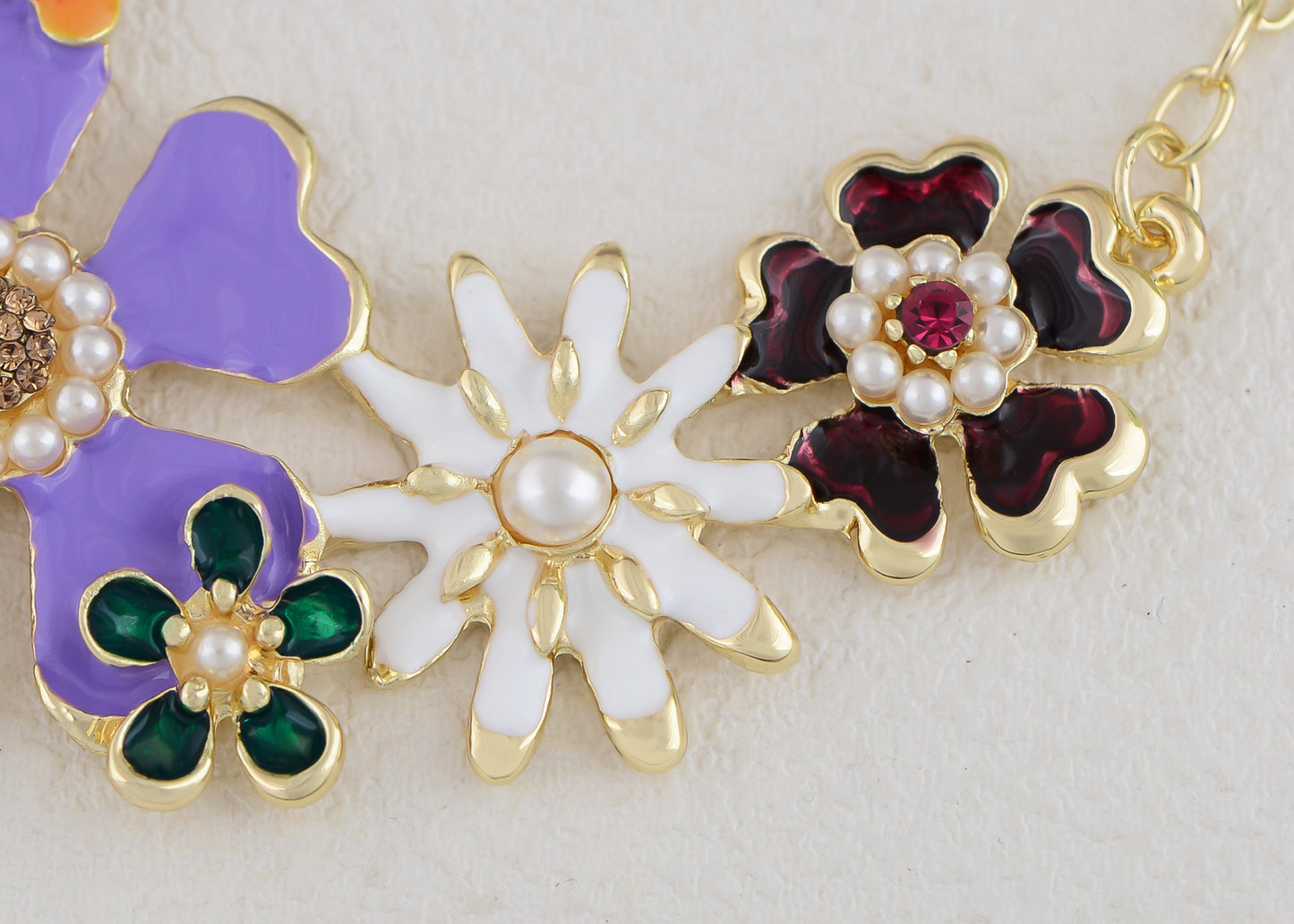 Enamel Flower And Butterfly Bib Statement Necklace Pearl