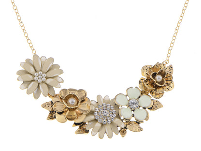 Flower Pearl Statement Bib Necklace With Gray Yellow Enamel - ALILANG.COM