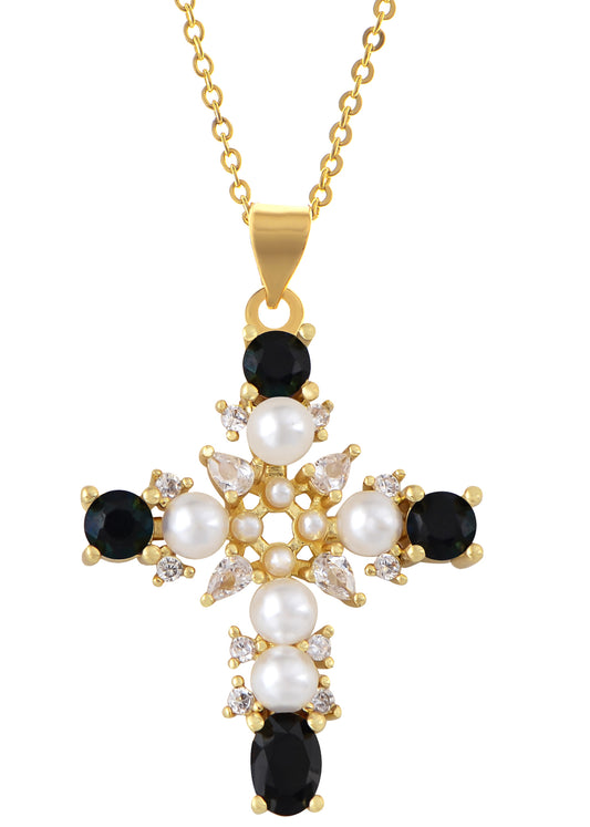 Alilang Women's Golden Tone Faux Pearls Sparkly Crystal Rhinestones Holy Cross Pendant Necklace