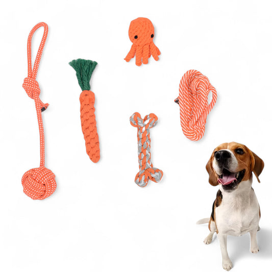 Dog Rope Toy Set Five Durable Chew Toys with Carrot Octopus Bone and Ball Designs for Small to Medium Dogs, 5 Pack