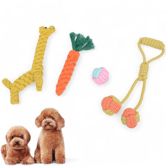 Dog Rope Toy Set Four Durable Chew Toys with Giraffe Carrot and Ball Designs for Small to Medium Dogs, 4 Pack