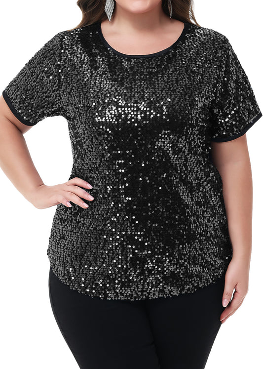 Anna-Kaci Women's Sequin Tops Plus Size Round Neck Sparkle Glitter Short Sleeve Party Tunic Blouse