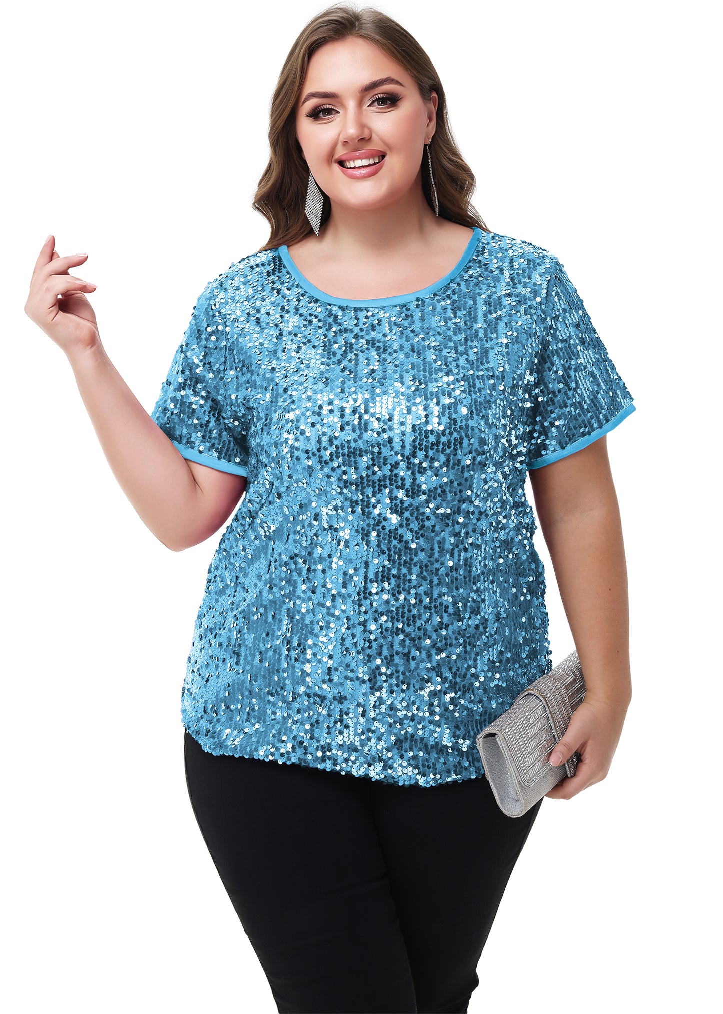 Anna-Kaci Women's Sequin Tops Plus Size Round Neck Sparkle Glitter Short Sleeve Party Tunic Blouse