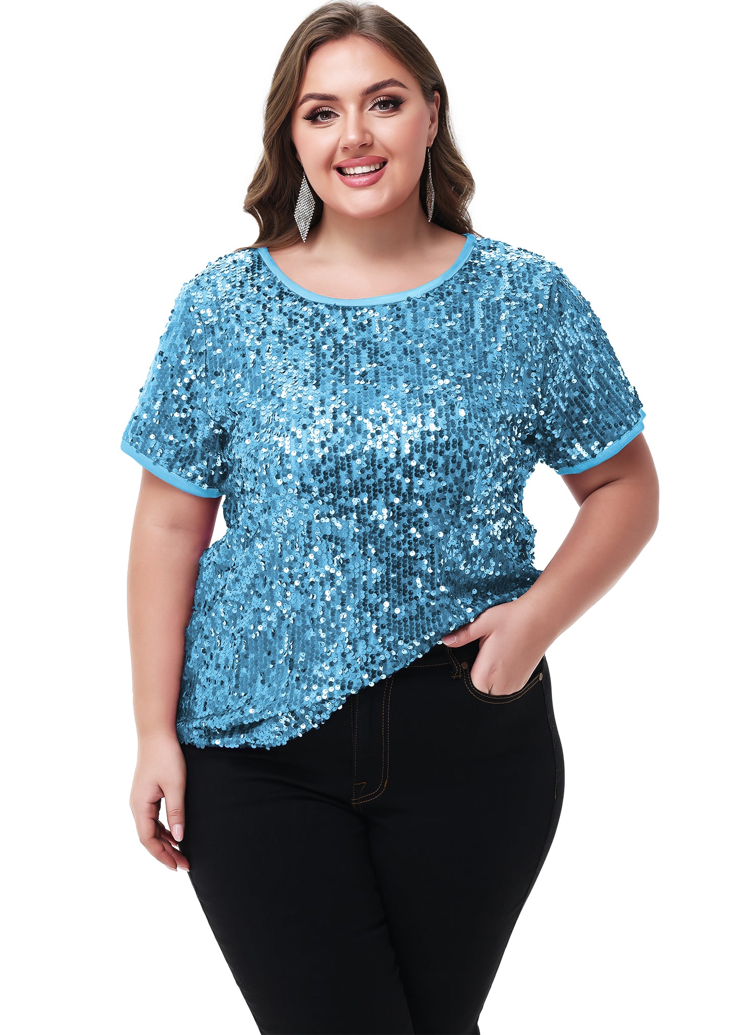 Anna-Kaci Women's Sequin Tops Plus Size Round Neck Sparkle Glitter Short Sleeve Party Tunic Blouse