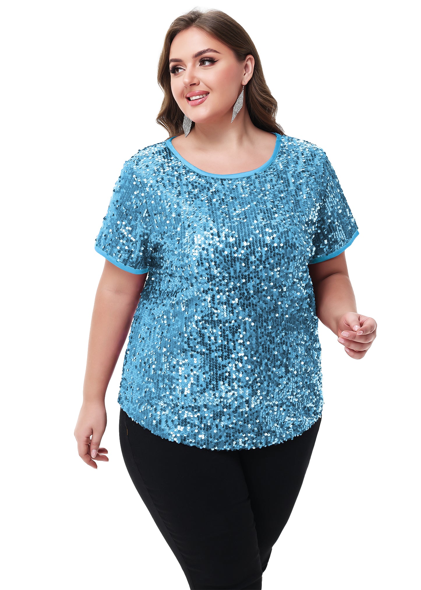 Anna-Kaci Women's Sequin Tops Plus Size Round Neck Sparkle Glitter Short Sleeve Party Tunic Blouse