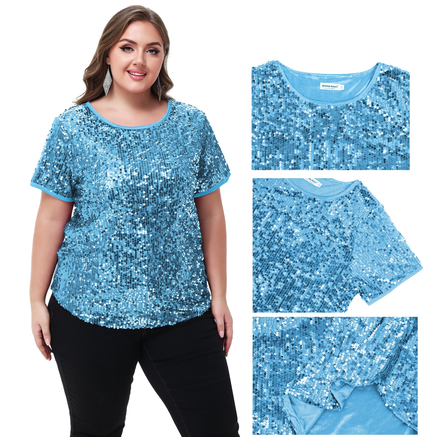 Anna-Kaci Women's Sequin Tops Plus Size Round Neck Sparkle Glitter Short Sleeve Party Tunic Blouse