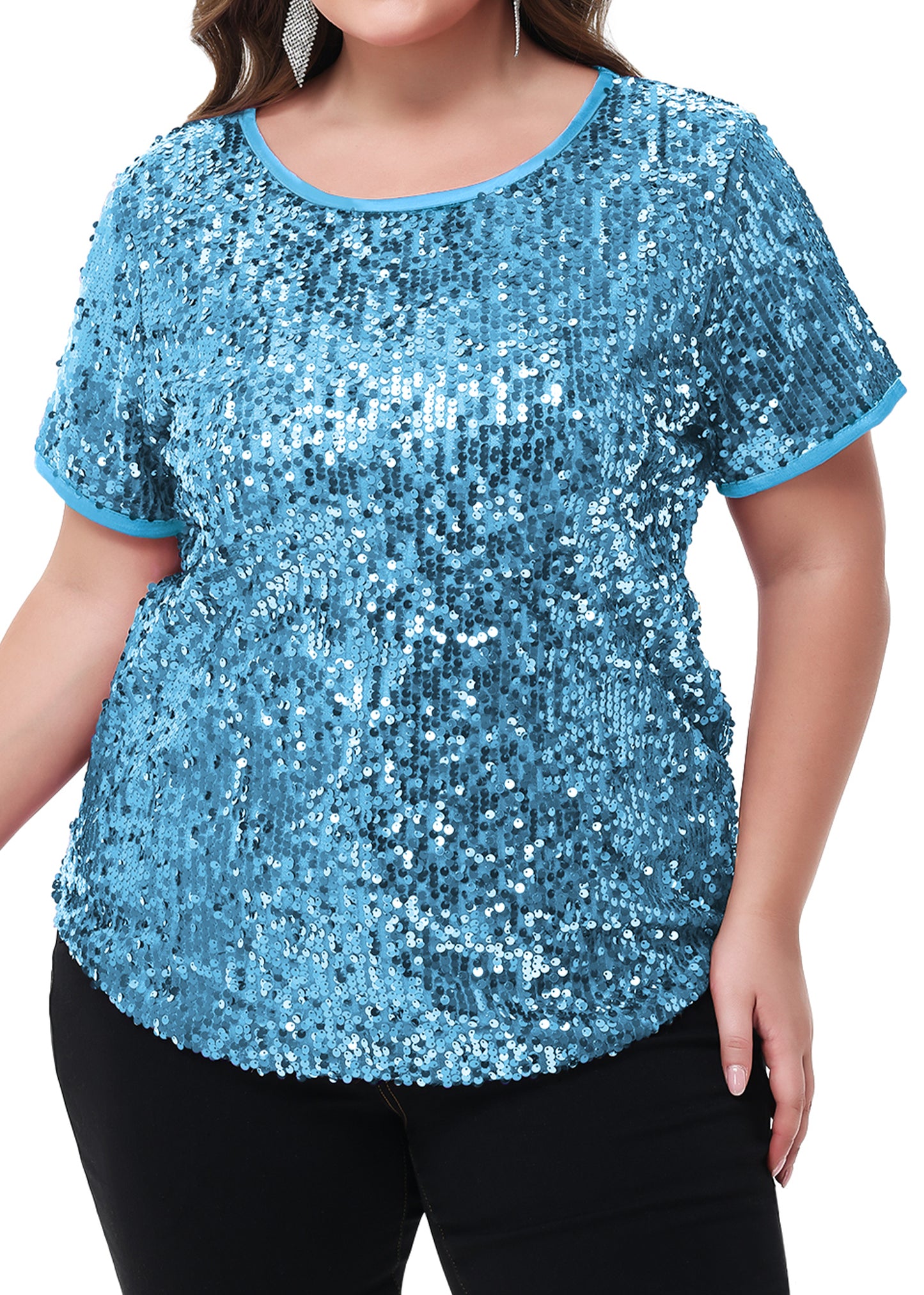 Anna-Kaci Women's Sequin Tops Plus Size Round Neck Sparkle Glitter Short Sleeve Party Tunic Blouse