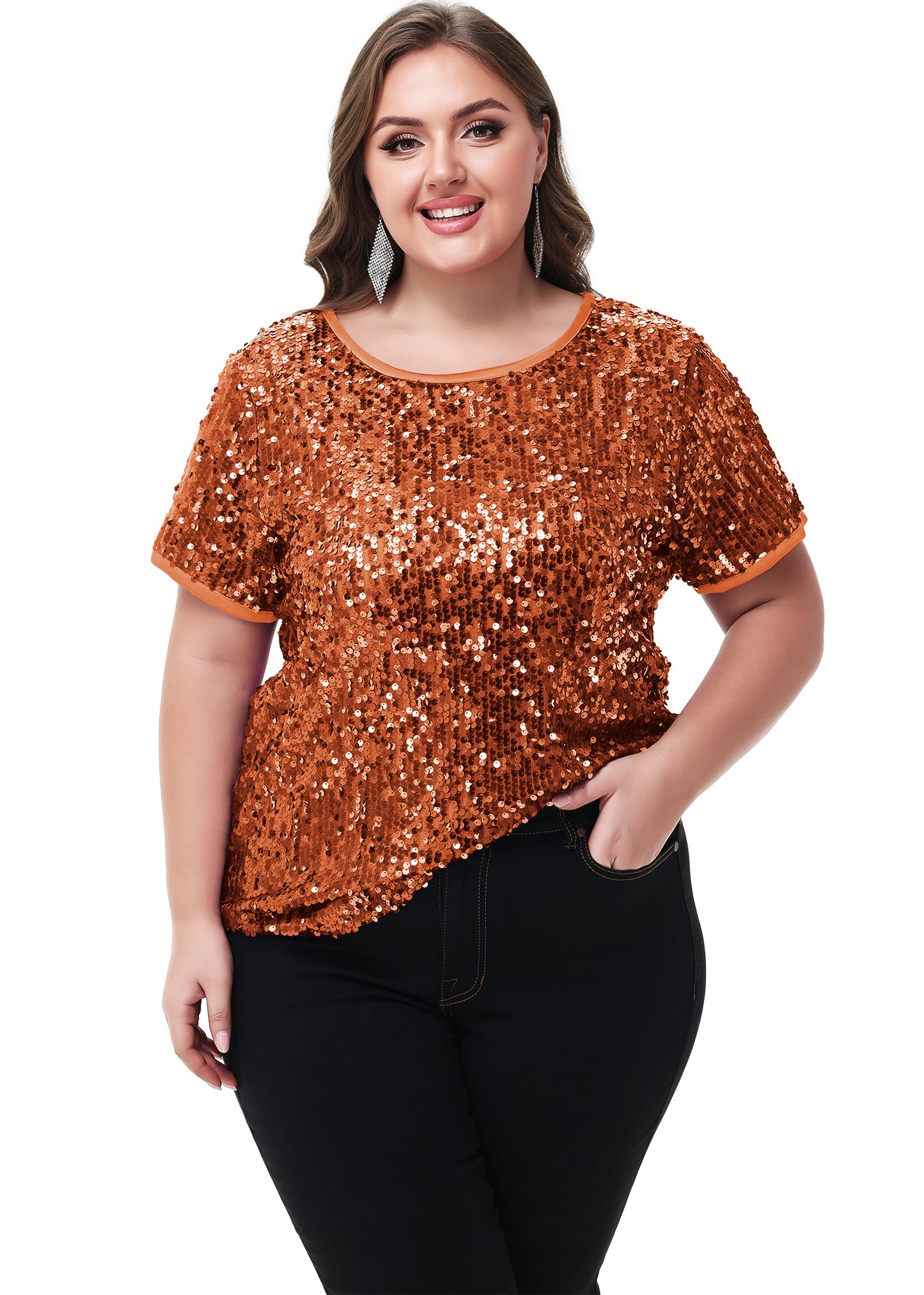 Anna-Kaci Women's Sequin Tops Plus Size Round Neck Sparkle Glitter Short Sleeve Party Tunic Blouse