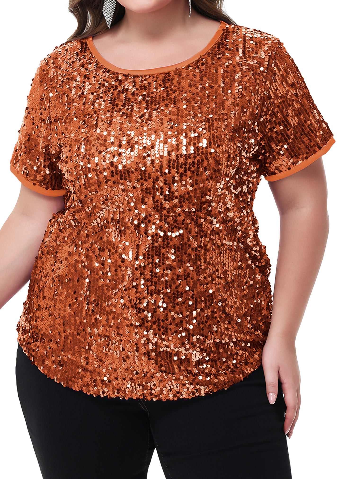 Anna-Kaci Women's Sequin Tops Plus Size Round Neck Sparkle Glitter Short Sleeve Party Tunic Blouse