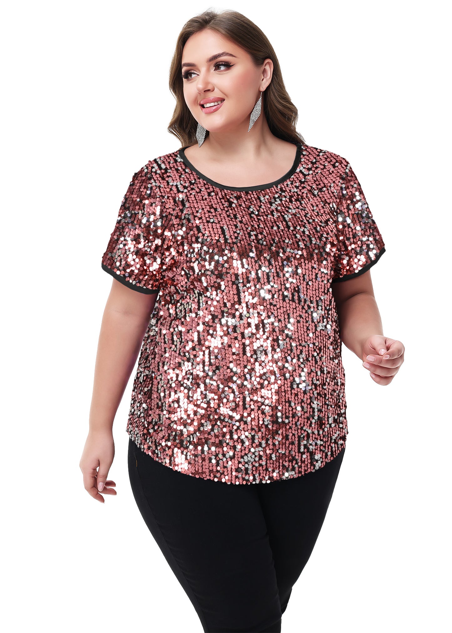 Anna-Kaci Women's Sequin Tops Plus Size Round Neck Sparkle Glitter Short Sleeve Party Tunic Blouse