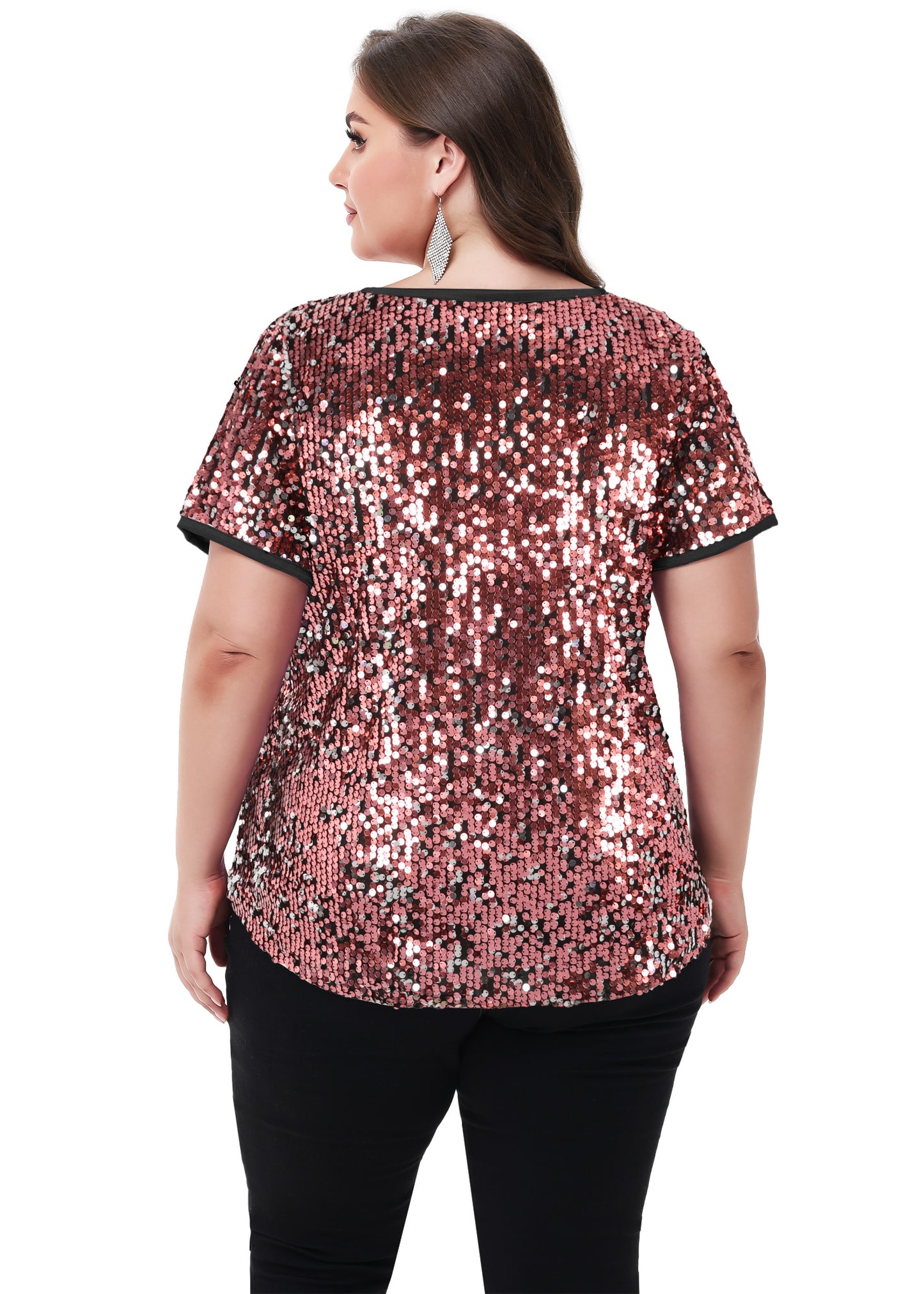 Anna-Kaci Women's Sequin Tops Plus Size Round Neck Sparkle Glitter Short Sleeve Party Tunic Blouse