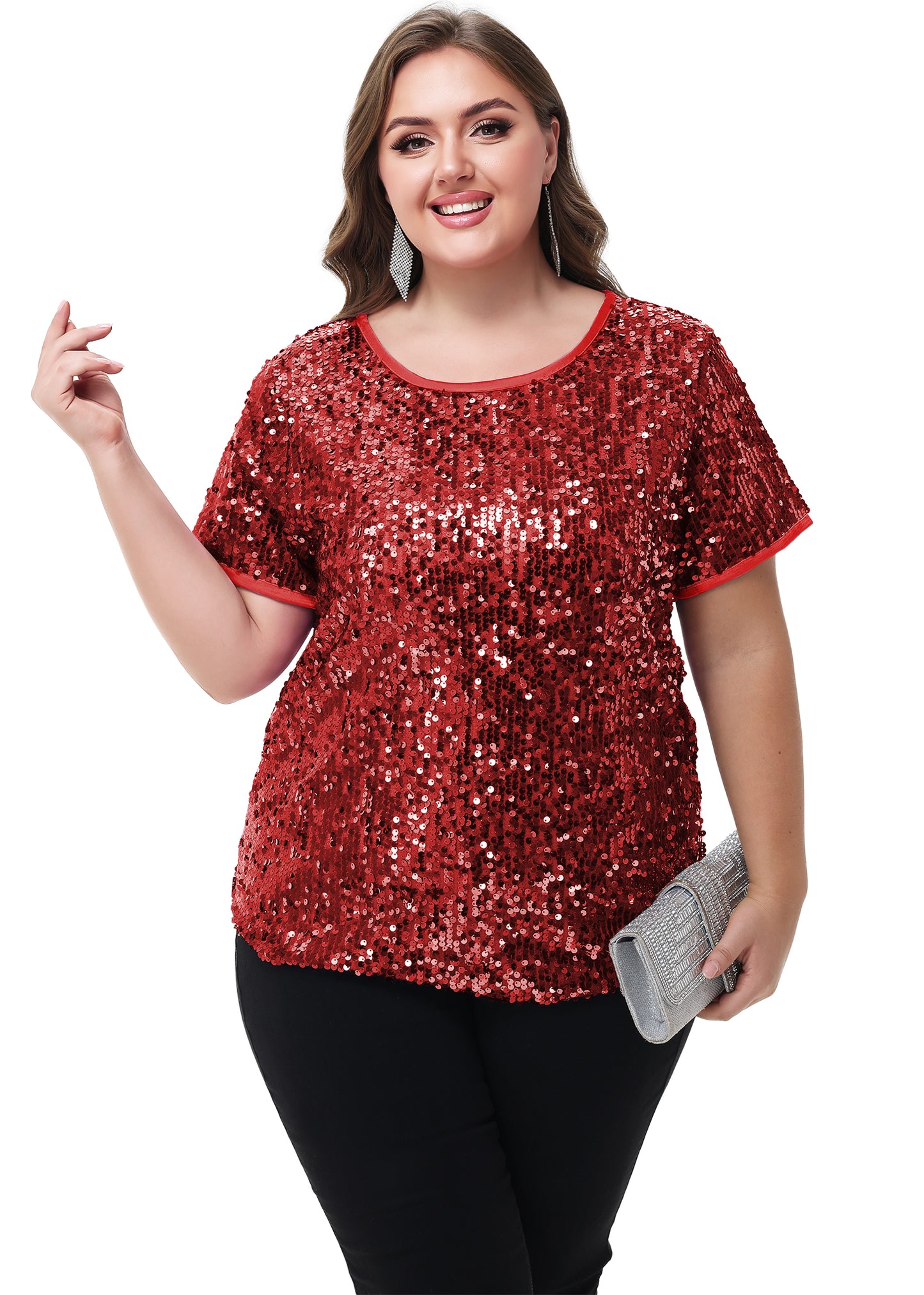 Anna-Kaci Women's Sequin Tops Plus Size Round Neck Sparkle Glitter Short Sleeve Party Tunic Blouse