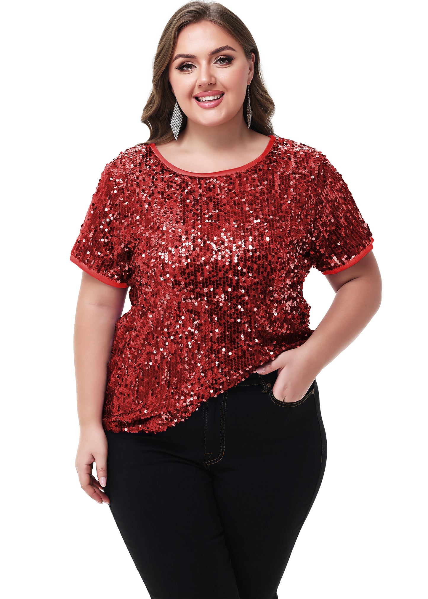 Anna-Kaci Women's Sequin Tops Plus Size Round Neck Sparkle Glitter Short Sleeve Party Tunic Blouse