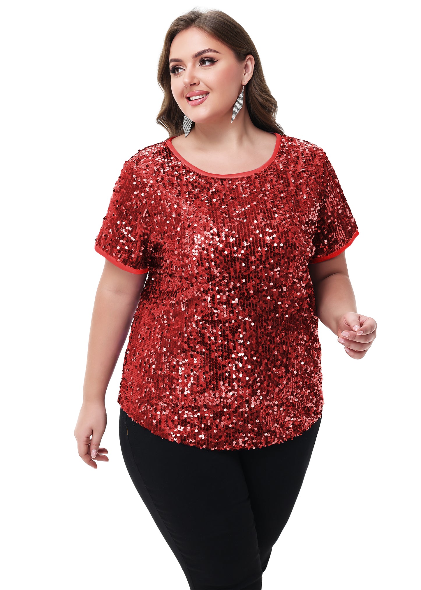 Anna-Kaci Women's Sequin Tops Plus Size Round Neck Sparkle Glitter Short Sleeve Party Tunic Blouse