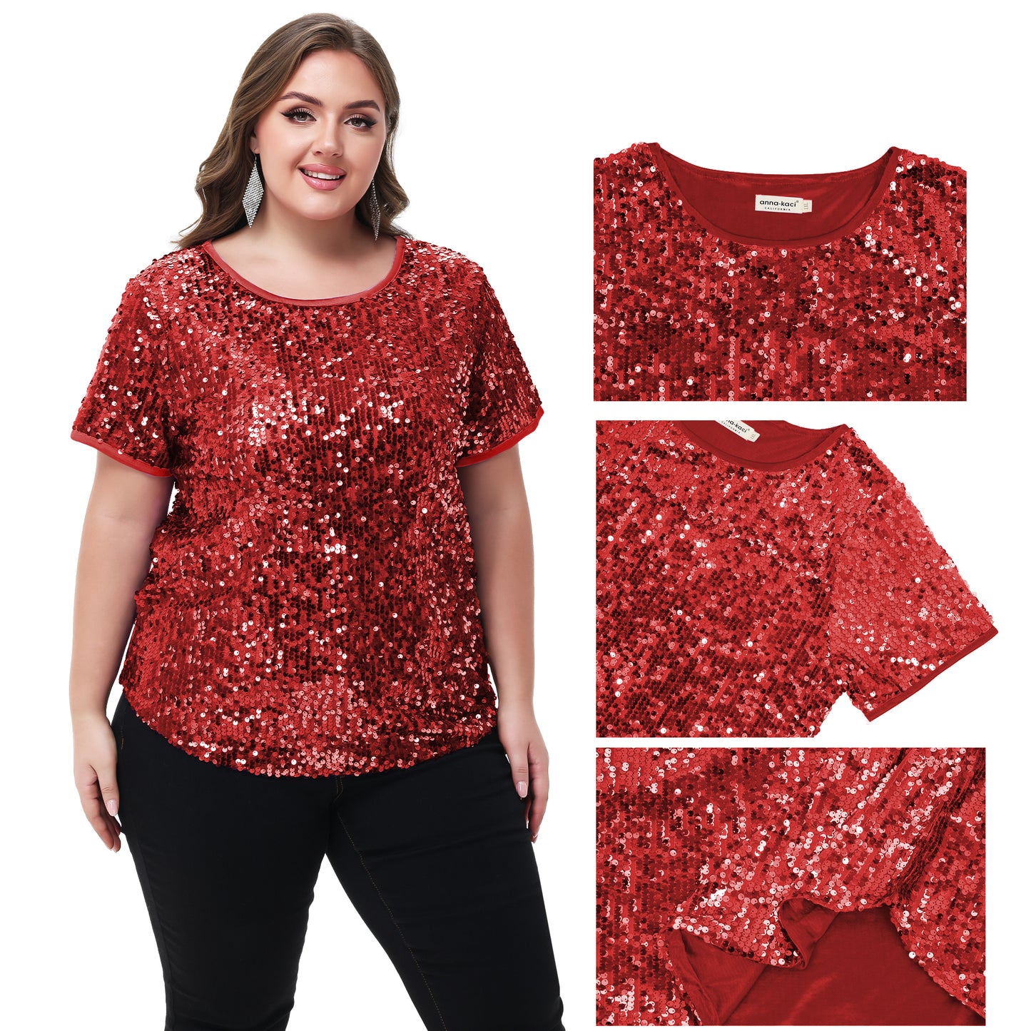 Anna-Kaci Women's Sequin Tops Plus Size Round Neck Sparkle Glitter Short Sleeve Party Tunic Blouse