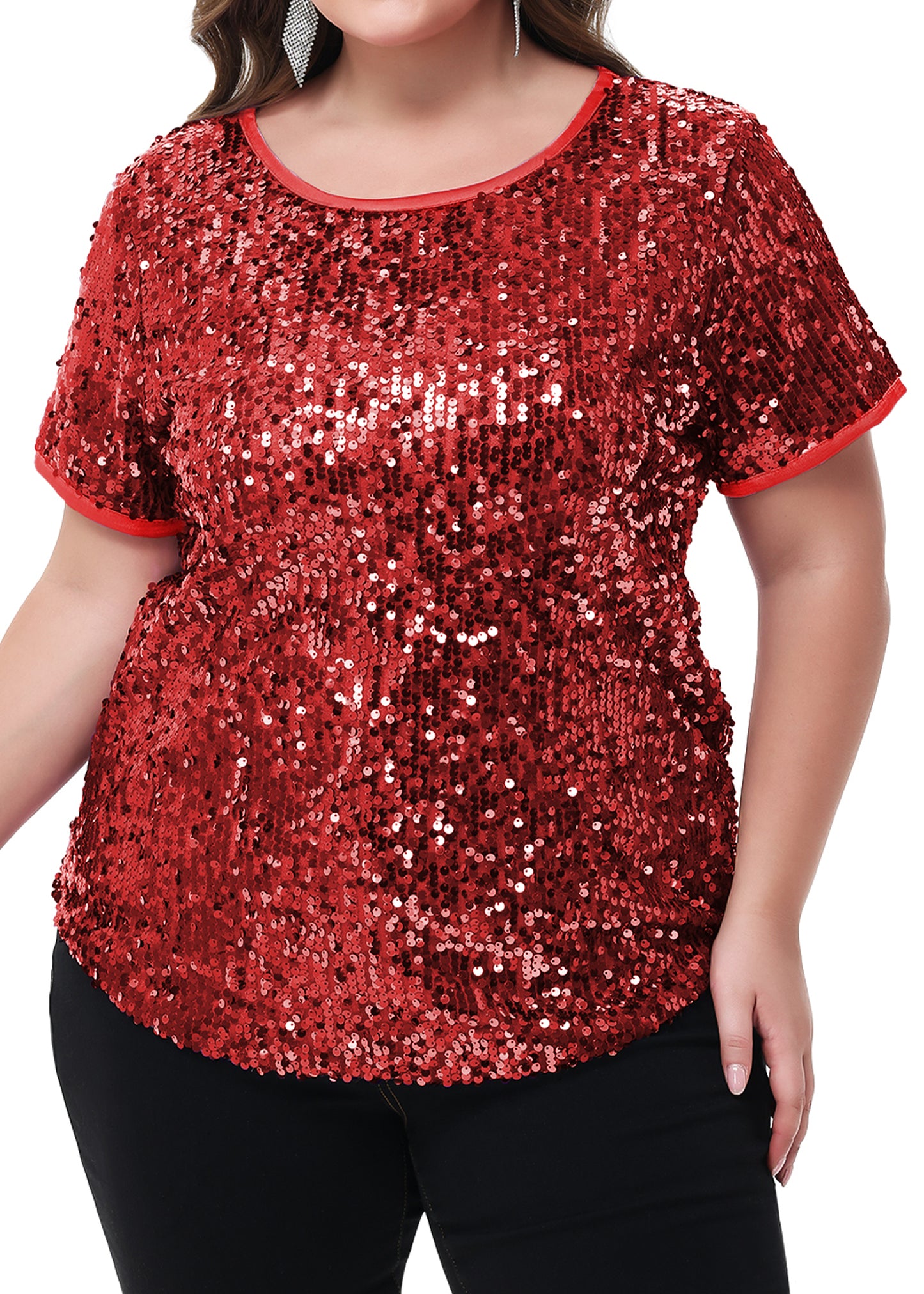 Anna-Kaci Women's Sequin Tops Plus Size Round Neck Sparkle Glitter Short Sleeve Party Tunic Blouse