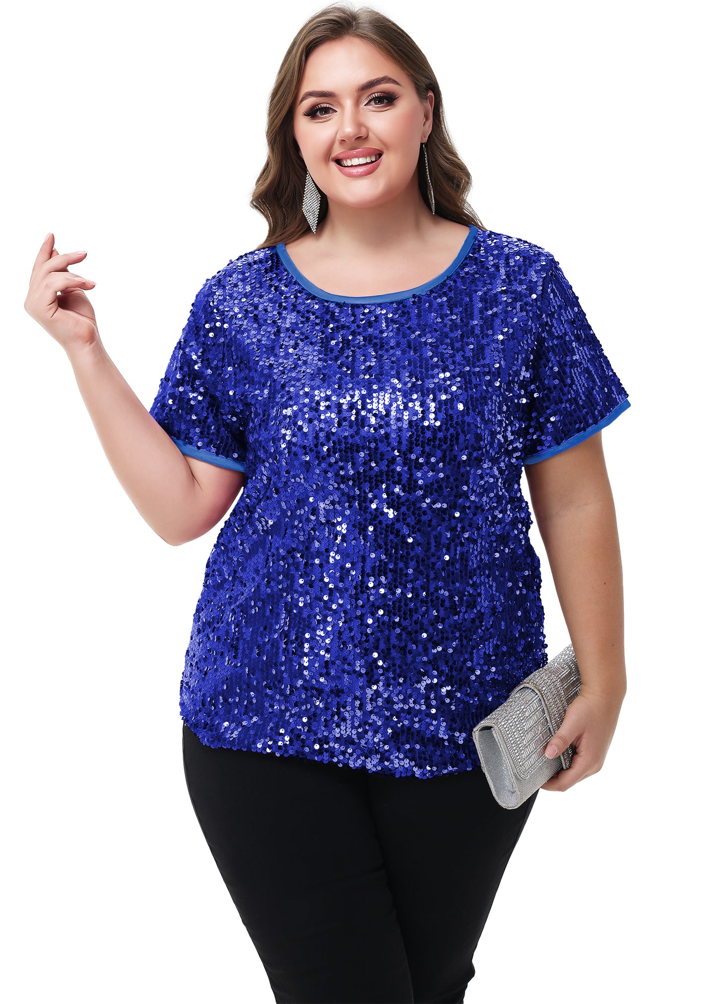 Anna-Kaci Women's Sequin Tops Plus Size Round Neck Sparkle Glitter Short Sleeve Party Tunic Blouse