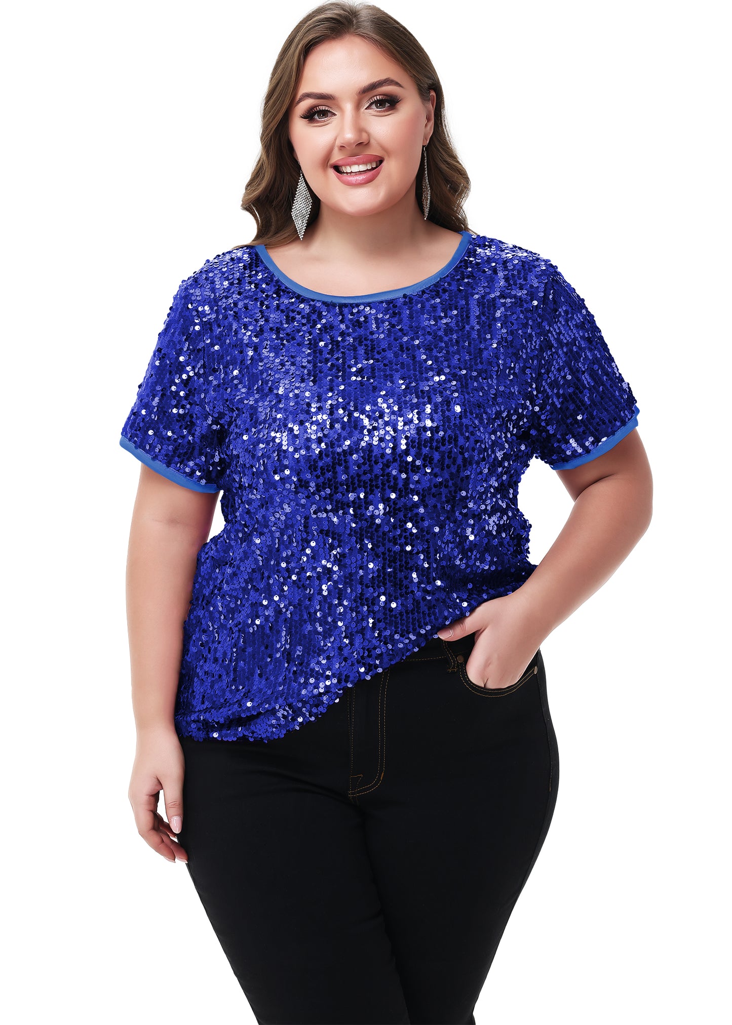 Anna-Kaci Women's Sequin Tops Plus Size Round Neck Sparkle Glitter Short Sleeve Party Tunic Blouse