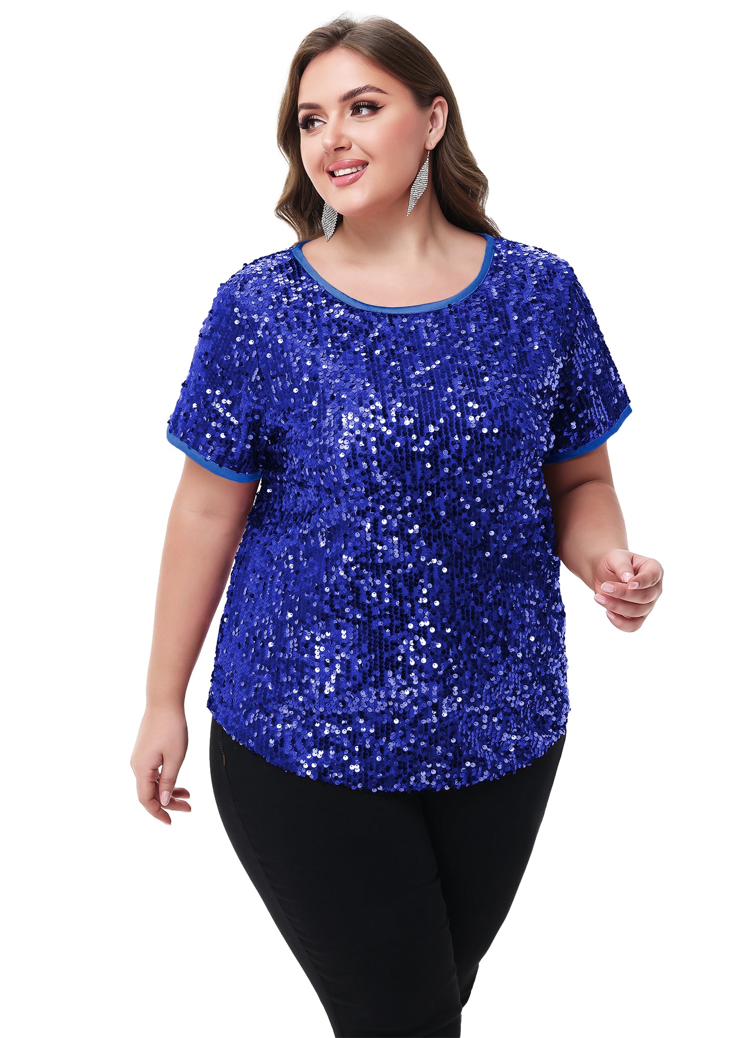 Anna-Kaci Women's Sequin Tops Plus Size Round Neck Sparkle Glitter Short Sleeve Party Tunic Blouse