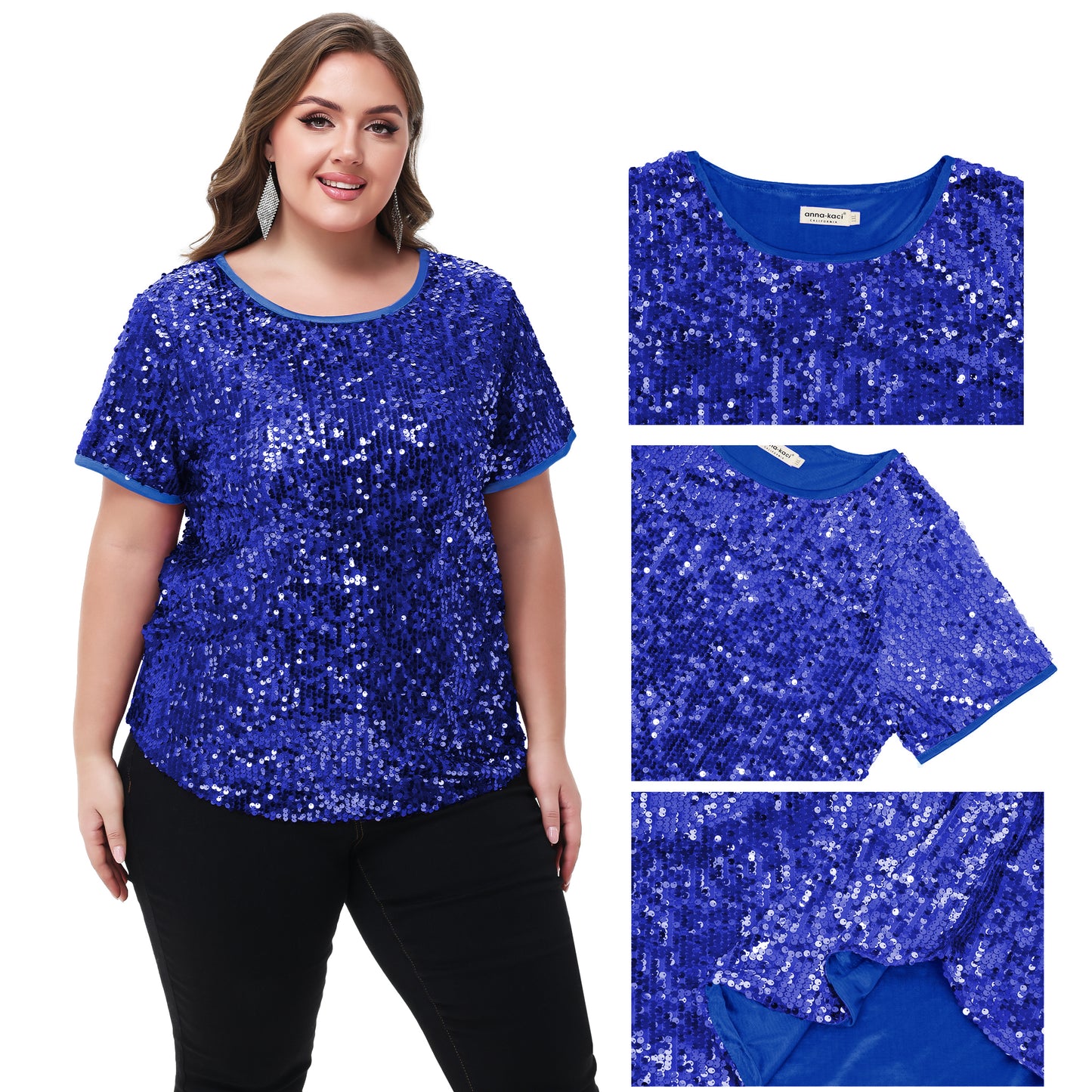 Anna-Kaci Women's Sequin Tops Plus Size Round Neck Sparkle Glitter Short Sleeve Party Tunic Blouse