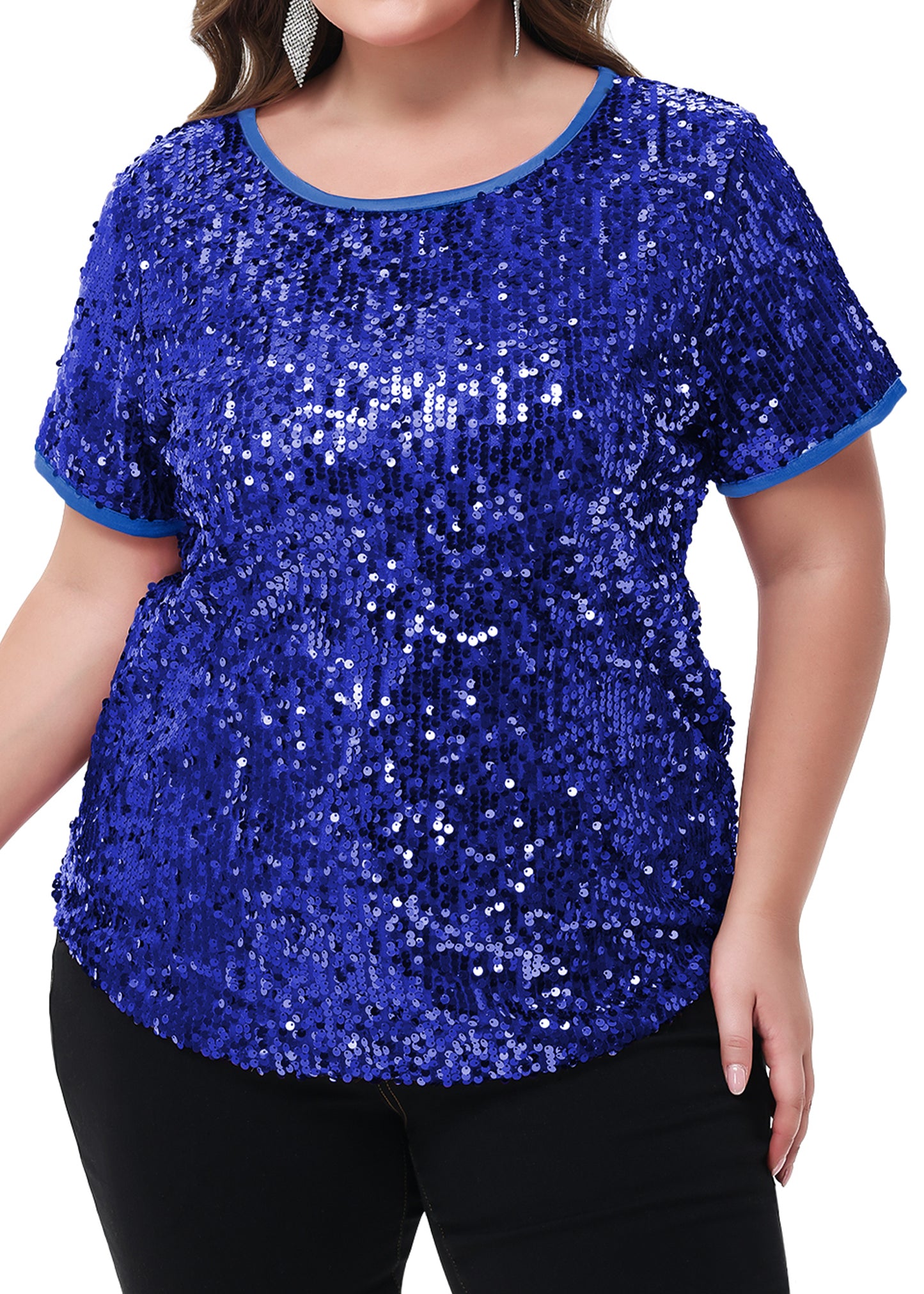 Anna-Kaci Women's Sequin Tops Plus Size Round Neck Sparkle Glitter Short Sleeve Party Tunic Blouse