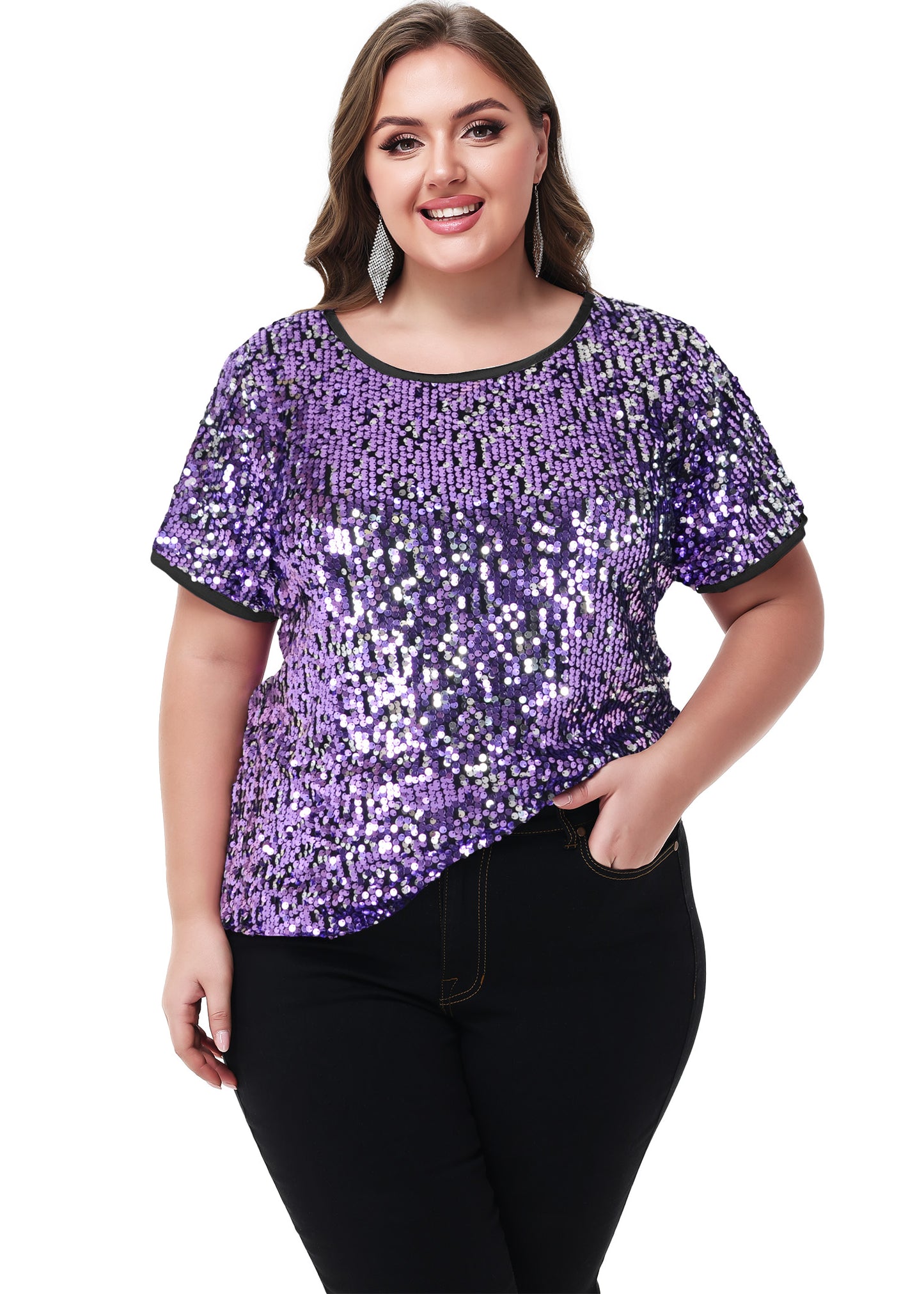 Anna-Kaci Women's Sequin Tops Plus Size Round Neck Sparkle Glitter Short Sleeve Party Tunic Blouse