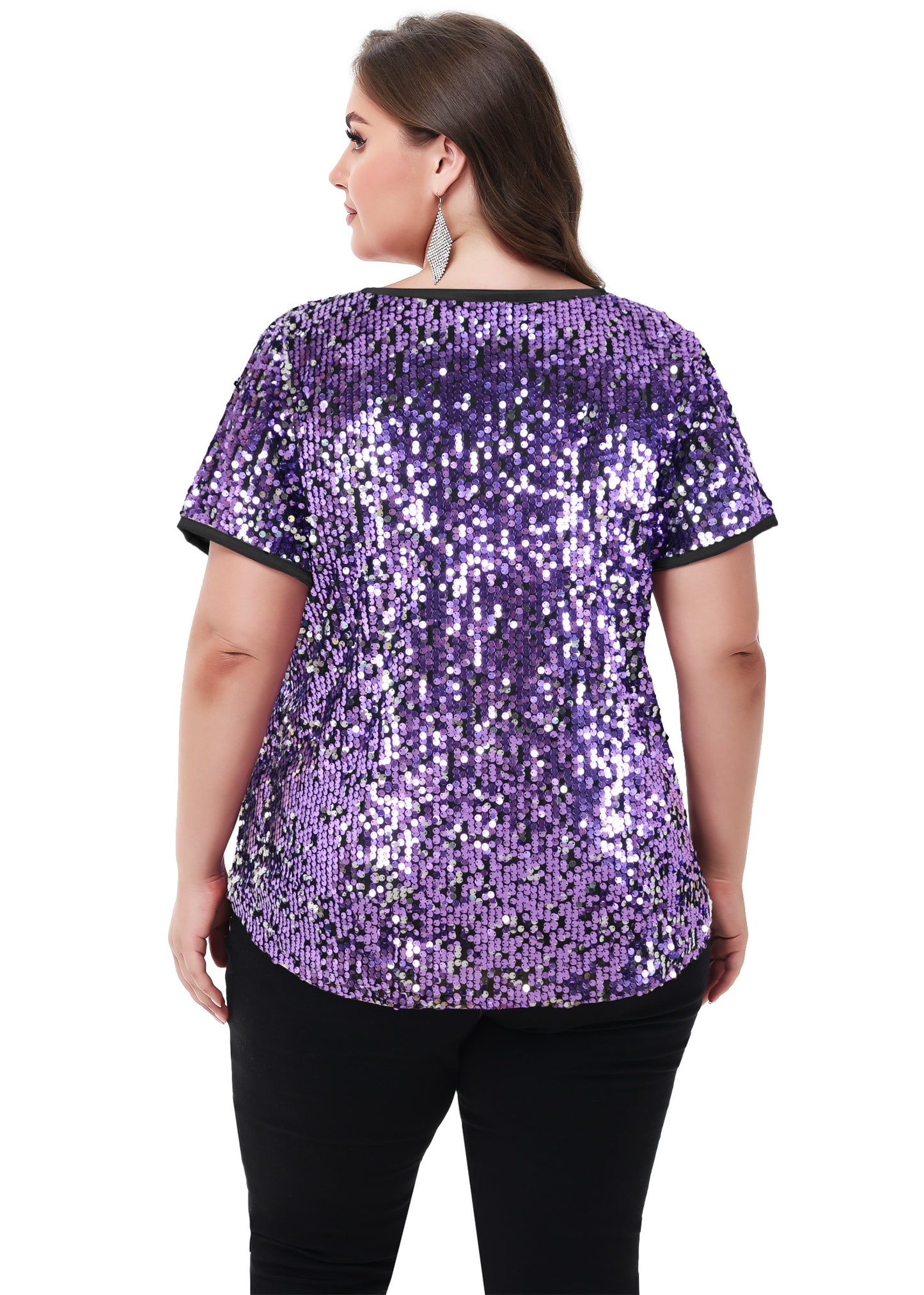 Anna-Kaci Women's Sequin Tops Plus Size Round Neck Sparkle Glitter Short Sleeve Party Tunic Blouse