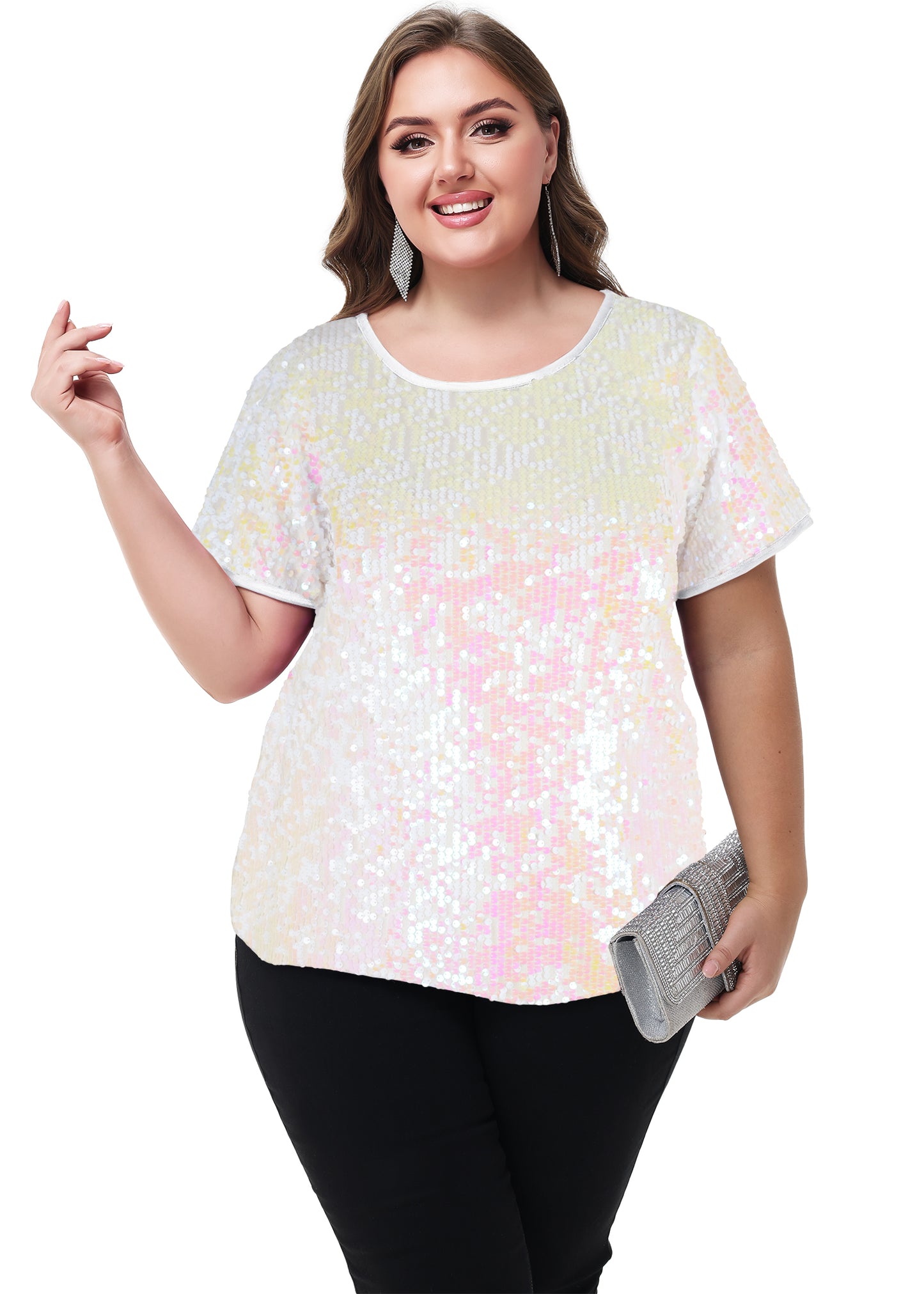 Anna-Kaci Women's Sequin Tops Plus Size Round Neck Sparkle Glitter Short Sleeve Party Tunic Blouse