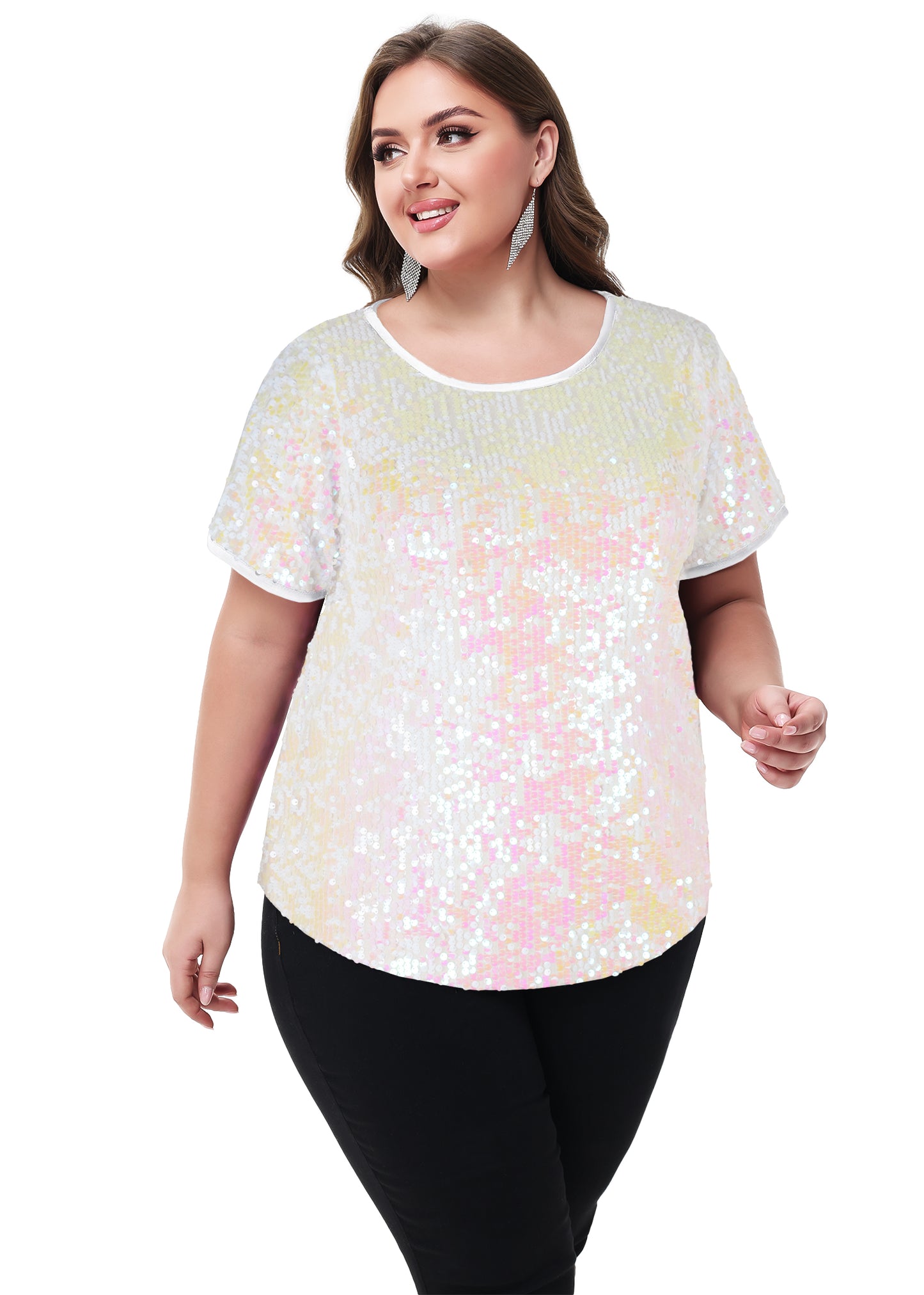 Anna-Kaci Women's Sequin Tops Plus Size Round Neck Sparkle Glitter Short Sleeve Party Tunic Blouse