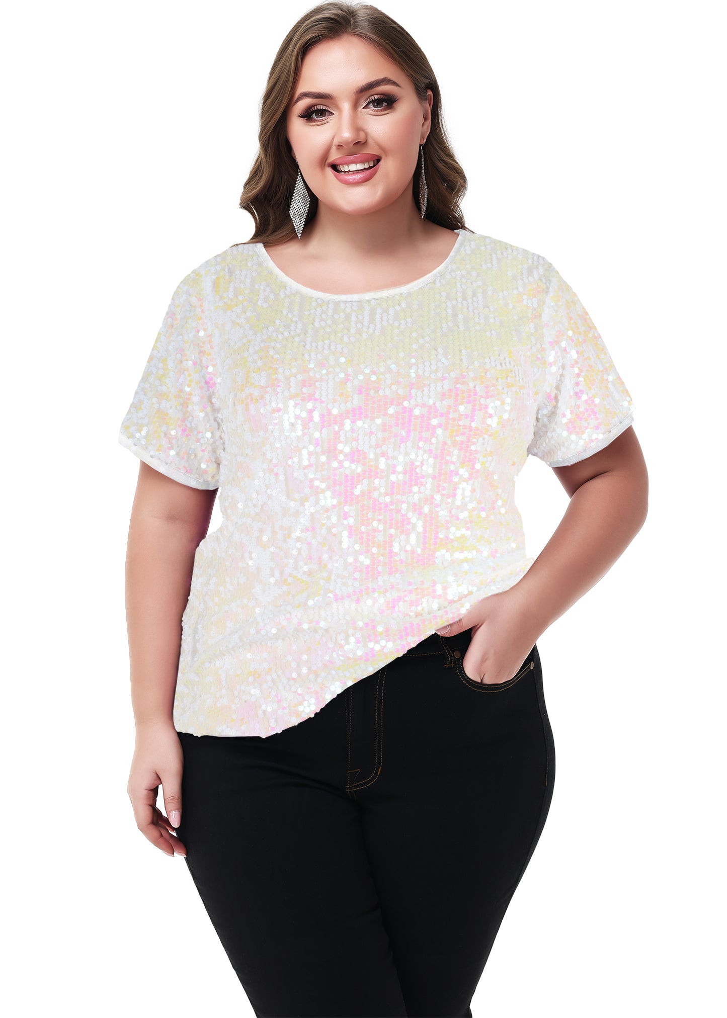 Anna-Kaci Women's Sequin Tops Plus Size Round Neck Sparkle Glitter Short Sleeve Party Tunic Blouse