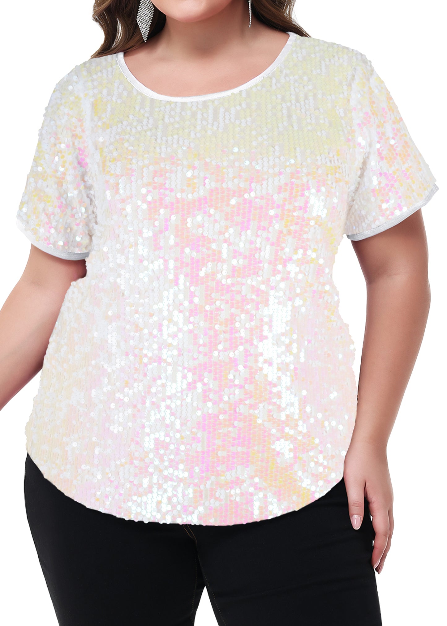 Anna-Kaci Women's Sequin Tops Plus Size Round Neck Sparkle Glitter Short Sleeve Party Tunic Blouse