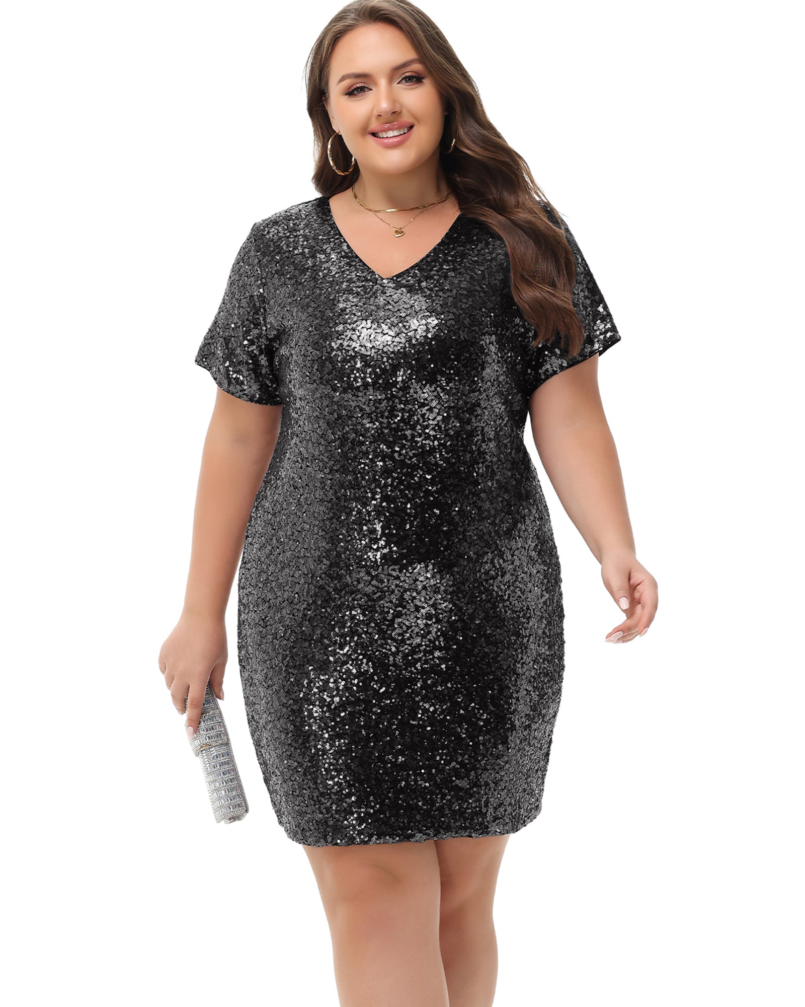 Anna-Kaci Womens Plus Size Short Sleeve Sequin Dresses V Neck T Shirt Shift Sparkle Dress, Plus-1X-14W-16W / Light Blue Anna-Kaci Womens Plus Size Short Sleeve Sequin Dresses V Neck T Shirt Shift Sparkle Dress, Plus-1X-14W-16W / Light Blue