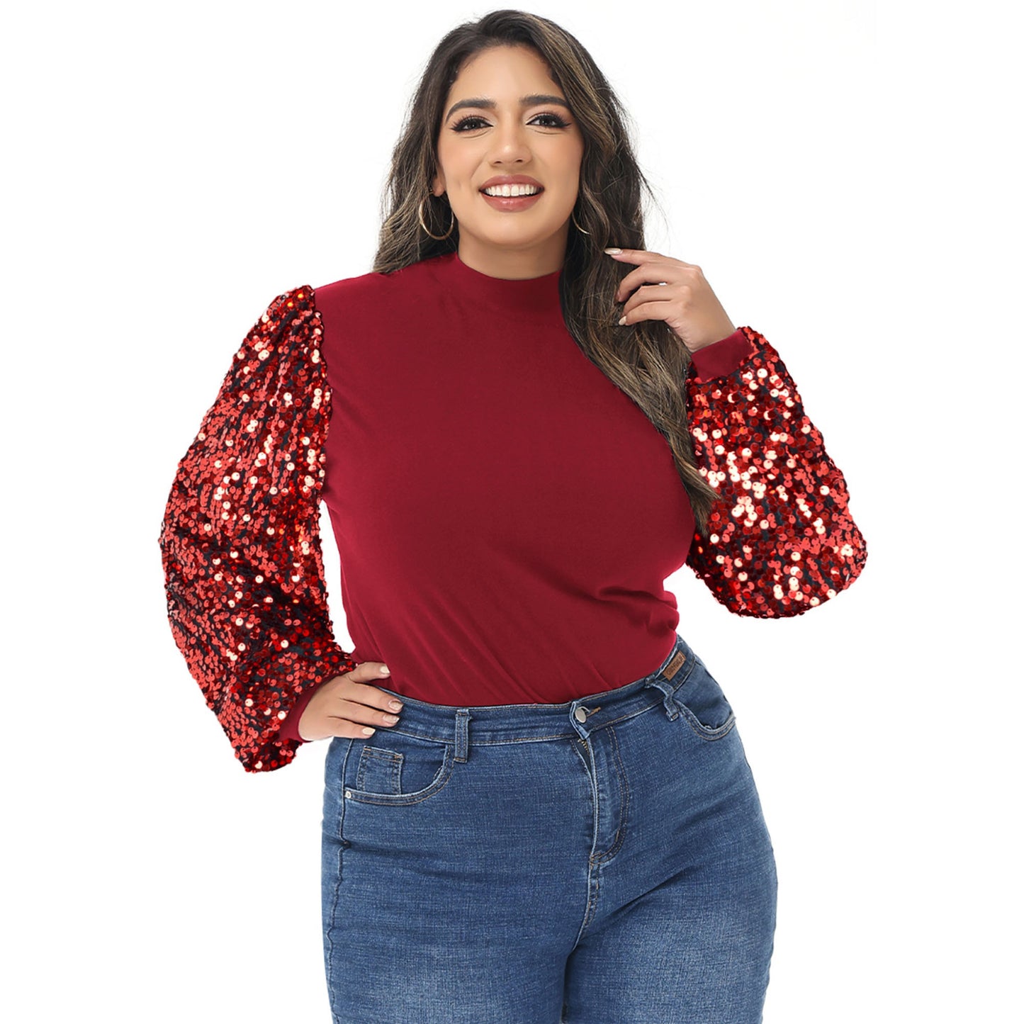 Anna-Kaci Women's Plus Size Sparkle Sequin Sweatshirt Mock Neck Pullover Long Sleeve Glitter Party Tops