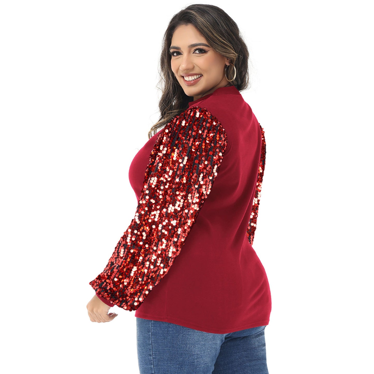 Anna-Kaci Women's Plus Size Sparkle Sequin Sweatshirt Mock Neck Pullover Long Sleeve Glitter Party Tops