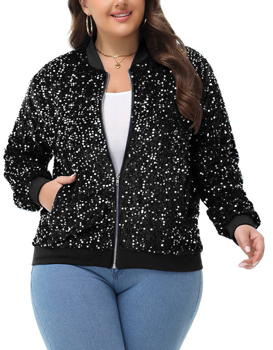 Anna-Kaci Women's Sequin Jacket Plus Size Sparkly Zip Bomber Coat With Pockets For Concert Party