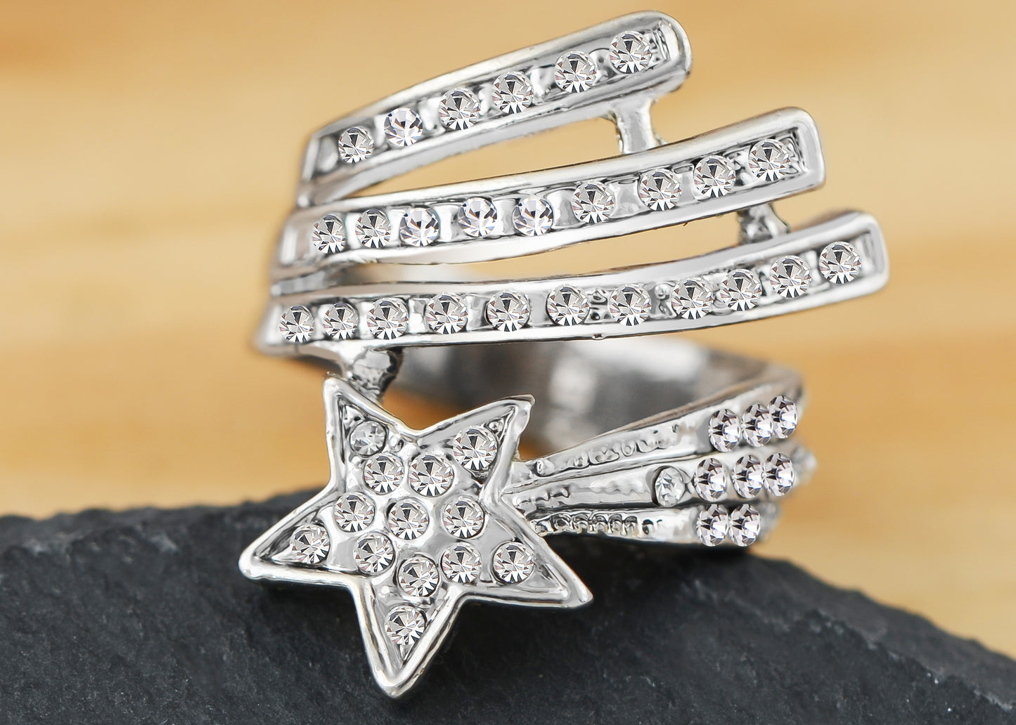 Alilang Women Silver Tone Shooting Star Ring with Clear Rhinestones and Wrap Band Design