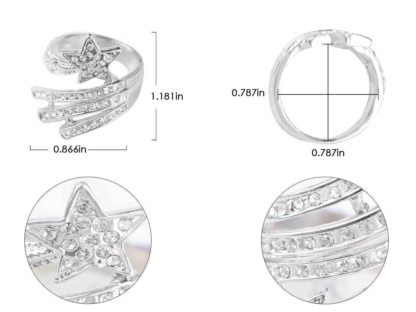 Alilang Women Silver Tone Shooting Star Ring with Clear Rhinestones and Wrap Band Design