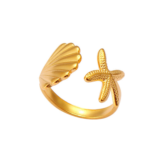 Alilang Bohemian Gold Shell Starfish Adjustable Rings for Women ummer Ocean Punk Jewelry