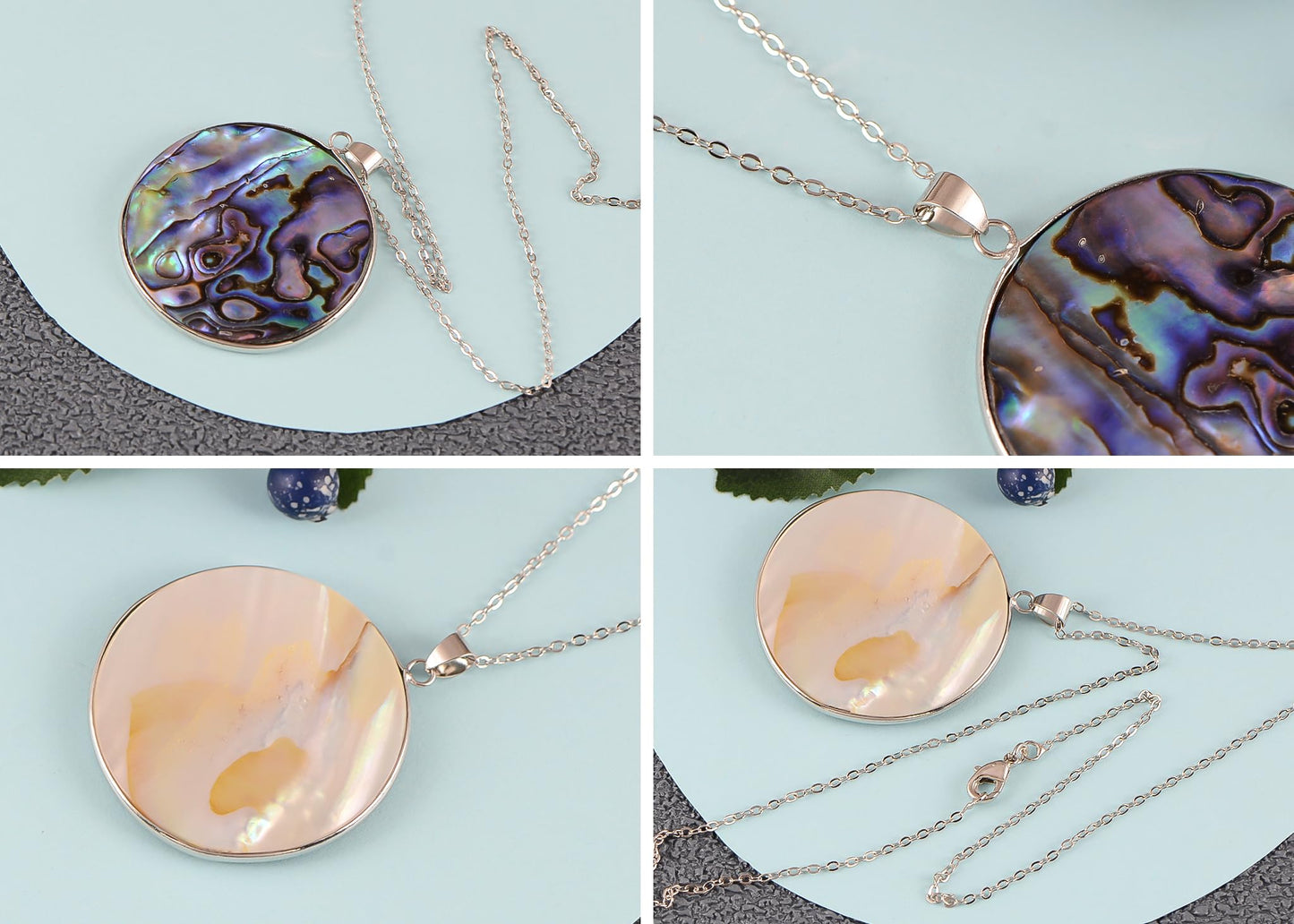 Alilang Silvery Tone Natural Abalone Shell Waterdrop Round Shape Pendant Necklace