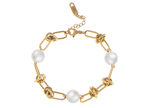 Alilang 18K Gold-Plated Pearl Link Bracelet - Stainless Steel Pearl Bead Chain Bracelet Boho Chic Jewelry for Valentine's Day Birthdays