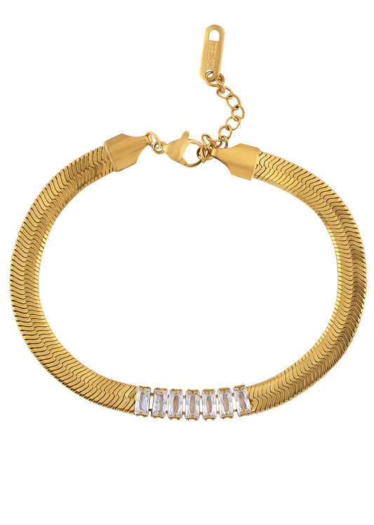 Alilang Golden Tone Sparkly Cubic Zirconia Herringbone Snake Chain Link Bracelet for Women