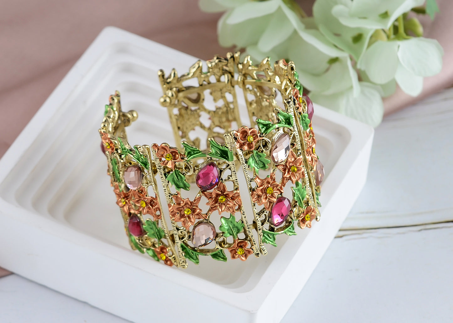 Alilang Women Gold Hollow Vintage Floral Crystal Rhinestone Enamel Flower Garden Bracelet Bangle Cuff