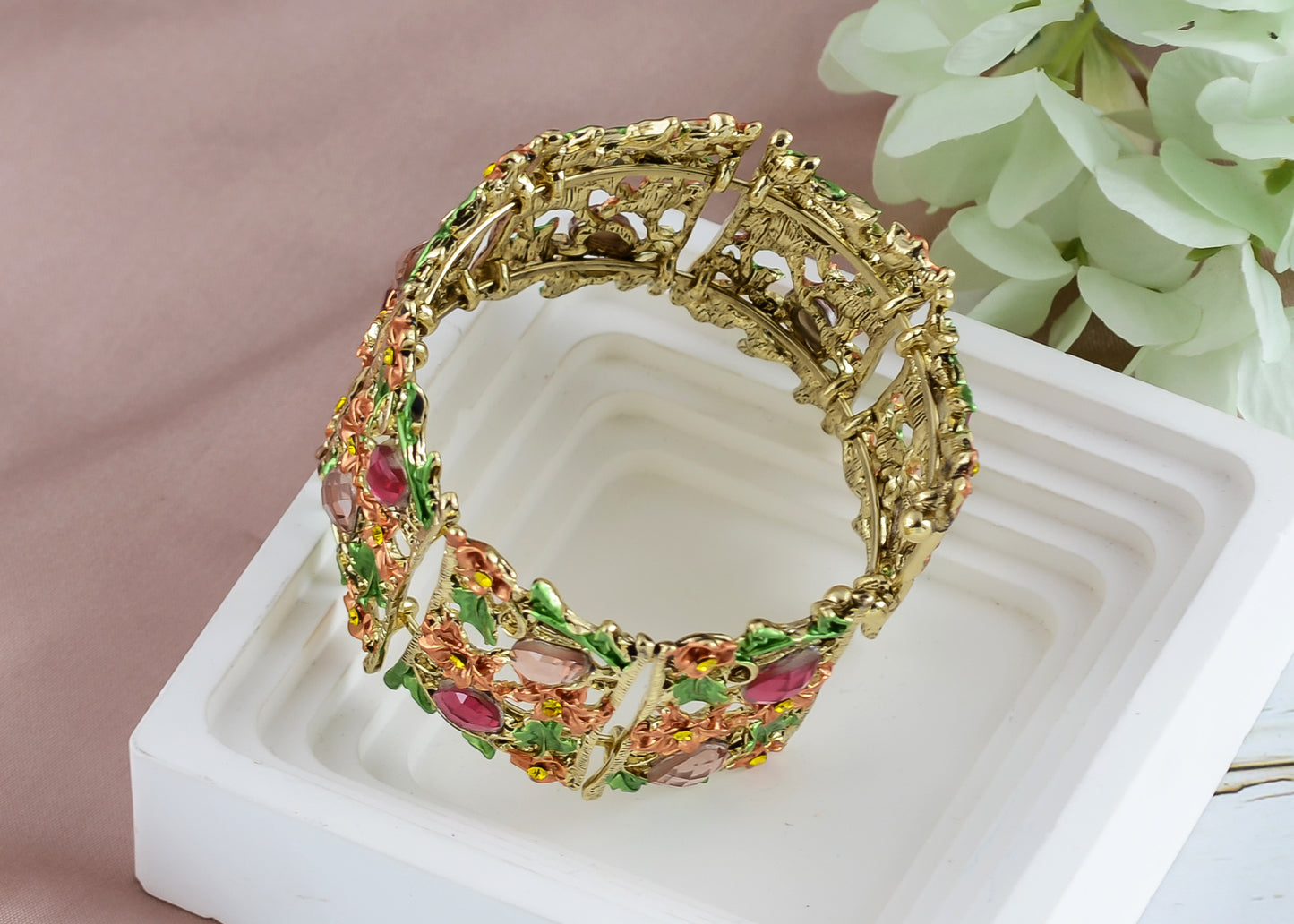 Alilang Women Gold Hollow Vintage Floral Crystal Rhinestone Enamel Flower Garden Bracelet Bangle Cuff