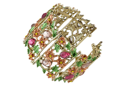 Alilang Women Gold Hollow Vintage Floral Crystal Rhinestone Enamel Flower Garden Bracelet Bangle Cuff