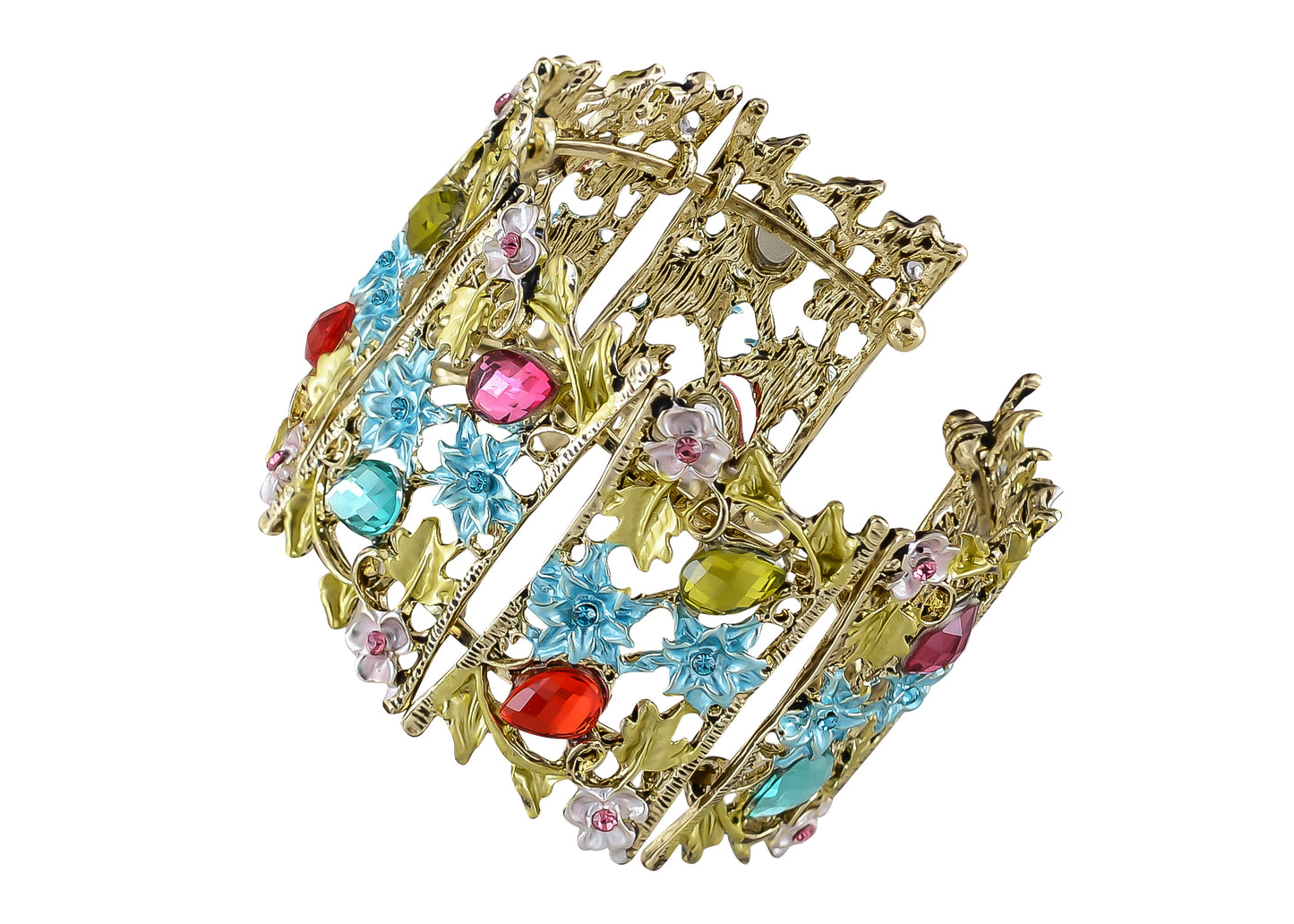 Alilang Women Gold Hollow Vintage Floral Crystal Rhinestone Enamel Flower Garden Bracelet Bangle Cuff