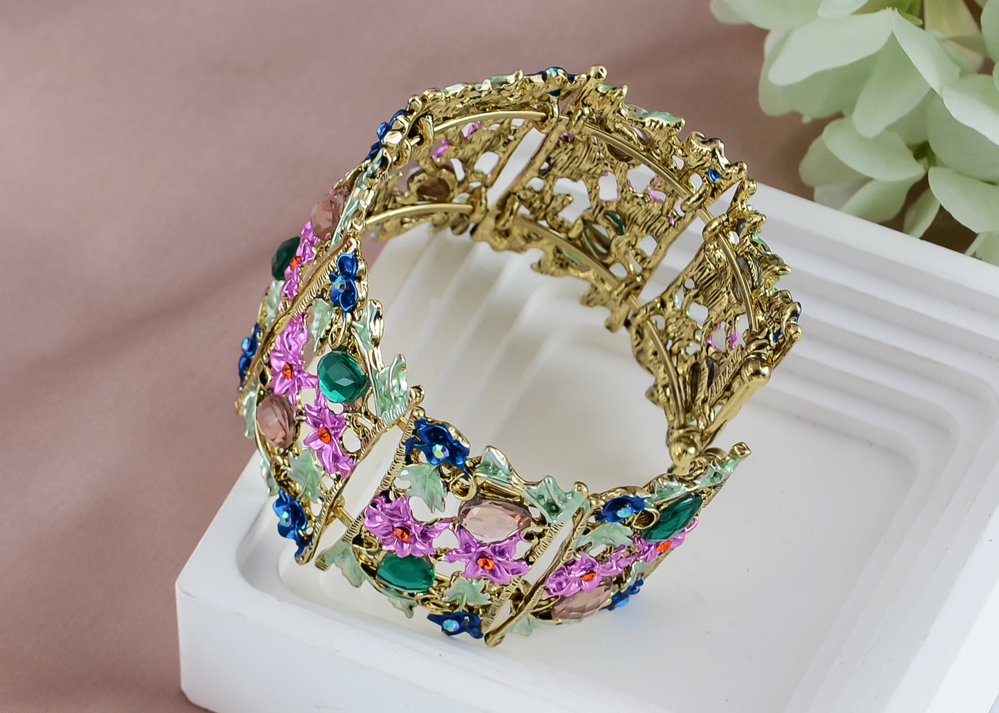 Alilang Women Gold Hollow Vintage Floral Crystal Rhinestone Enamel Flower Garden Bracelet Bangle Cuff