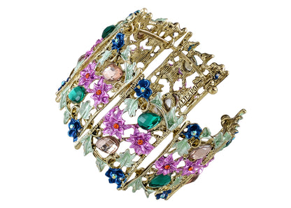 Alilang Women Gold Hollow Vintage Floral Crystal Rhinestone Enamel Flower Garden Bracelet Bangle Cuff