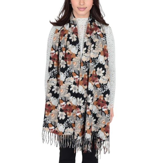 Women's Winter Cashmere Feel Scarf Floral Printed Classic Fringe Shawls Wrap Scarves